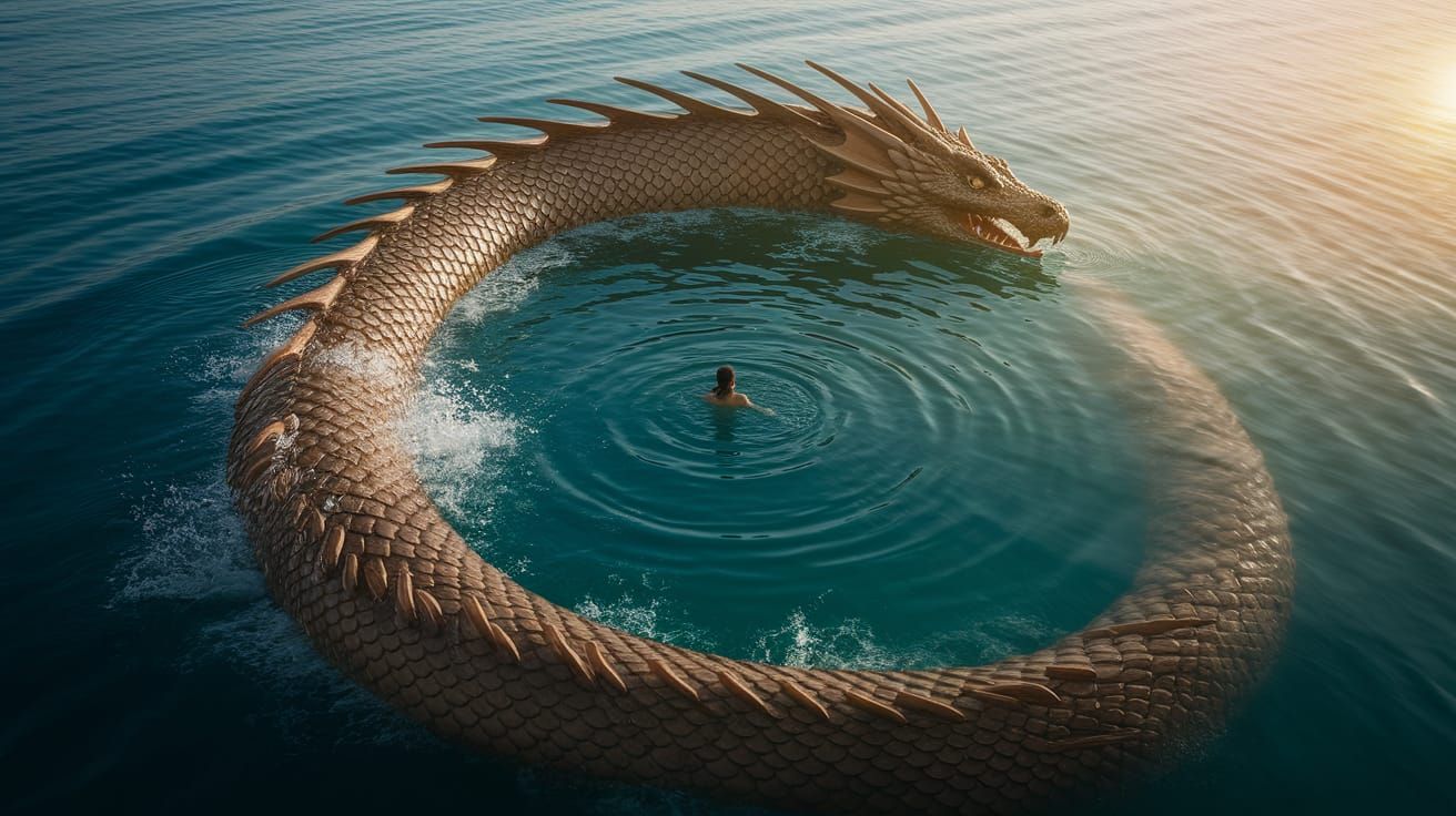 Aerial fantasy photo of a colossal golden-brown serpentine dragon emerging from turquoise waters, its scaled head rising...