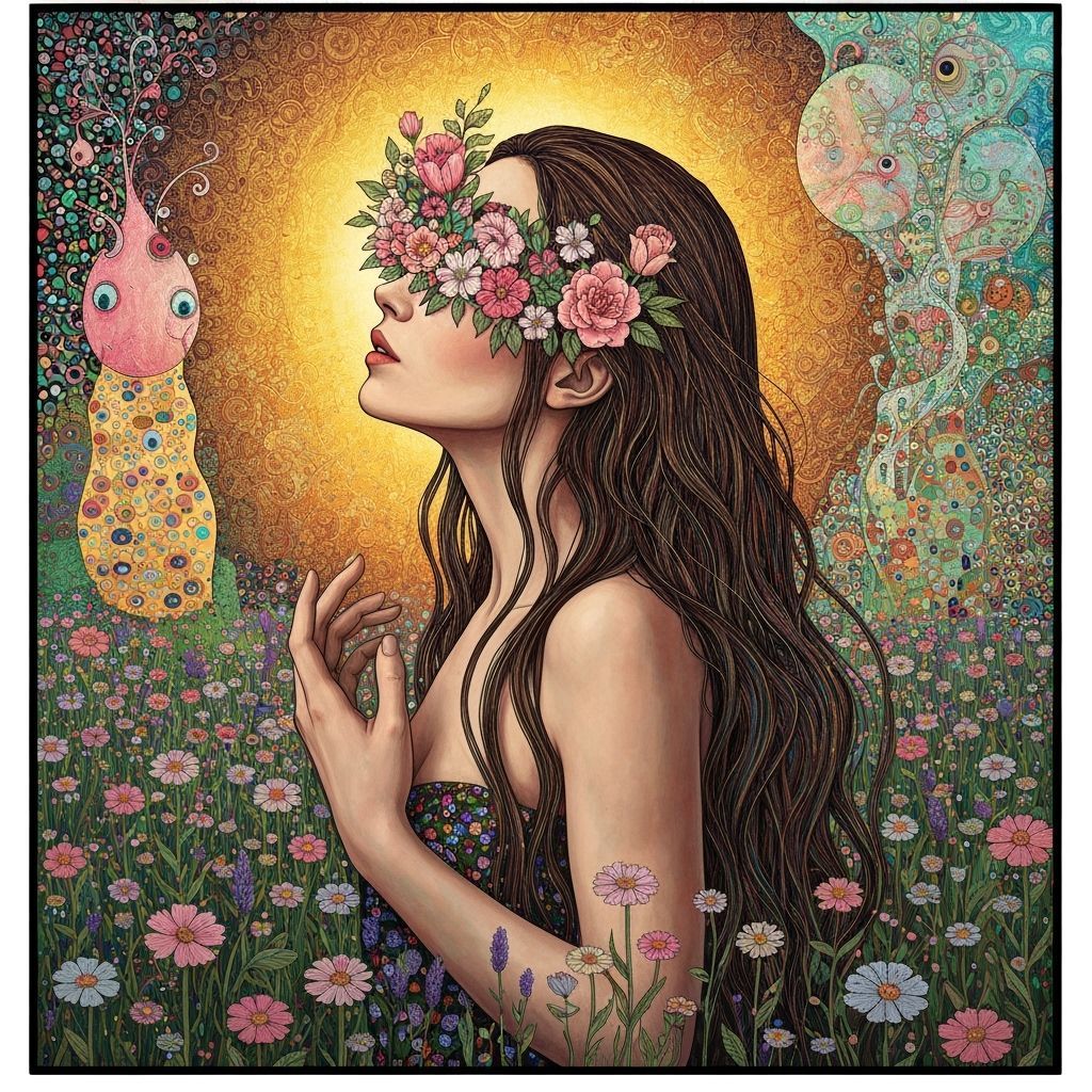 Surreal Woman Portrait with Flowers, Digital Art