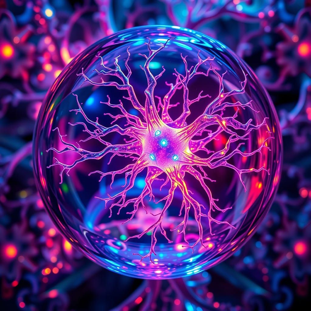 Vibrant Neuron in Kaleidoscopic Mirrored Sphere
