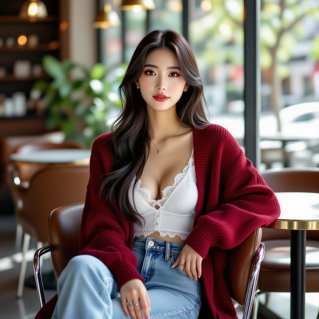 Stylish Korean Woman in Modern Cafe Concept Art