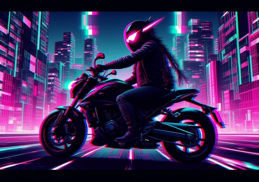 Glitched Cyberpunk Ninja Girl on Motorbike
