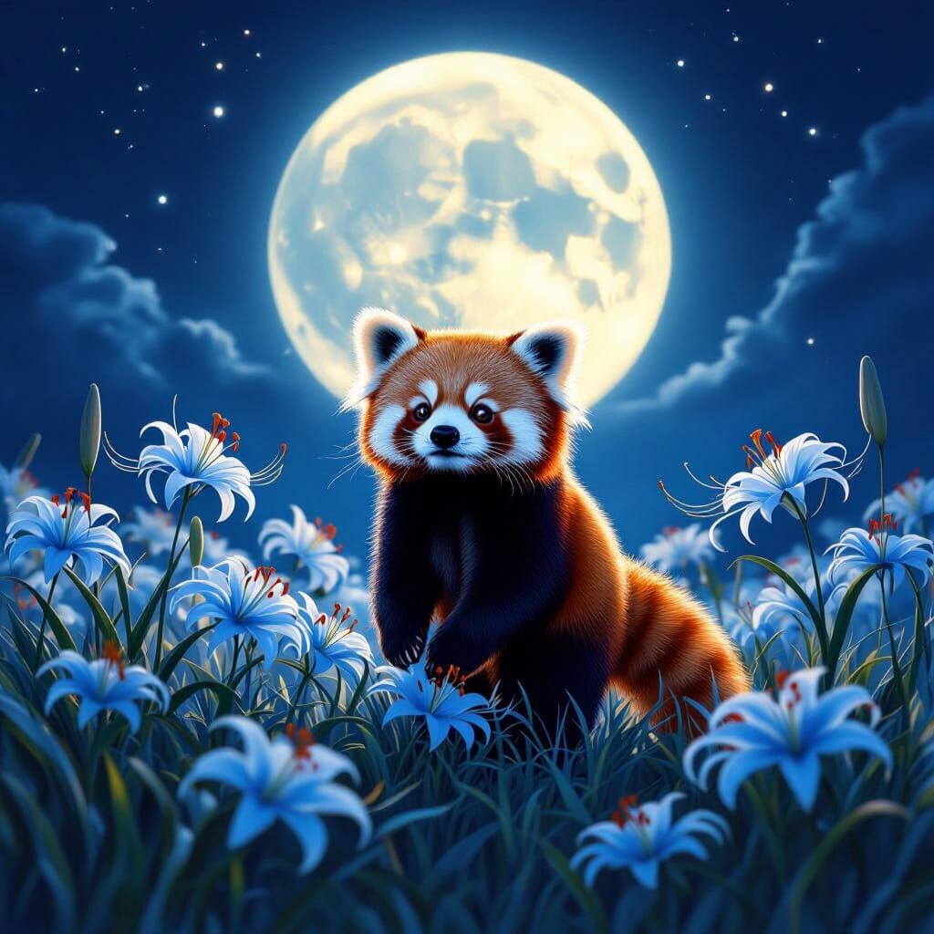 Red Panda Among Blue Lilies Under Full Moon
