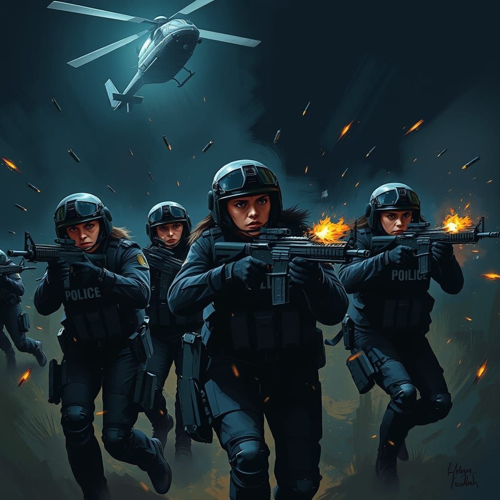 Police Officers Advance Under Fire in Gritty, Cinematic Styl...