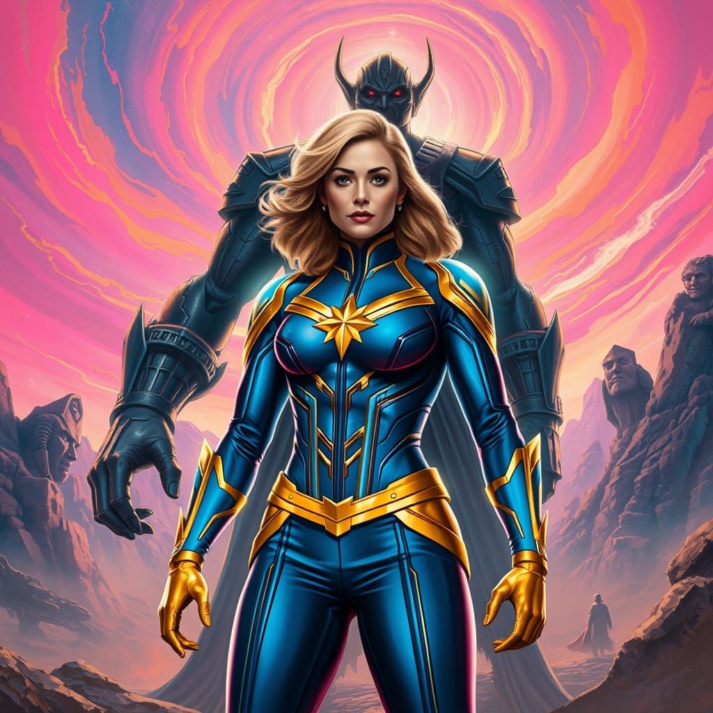Ethereal Captain Marvel Confronts Ronan in Cosmic Battle