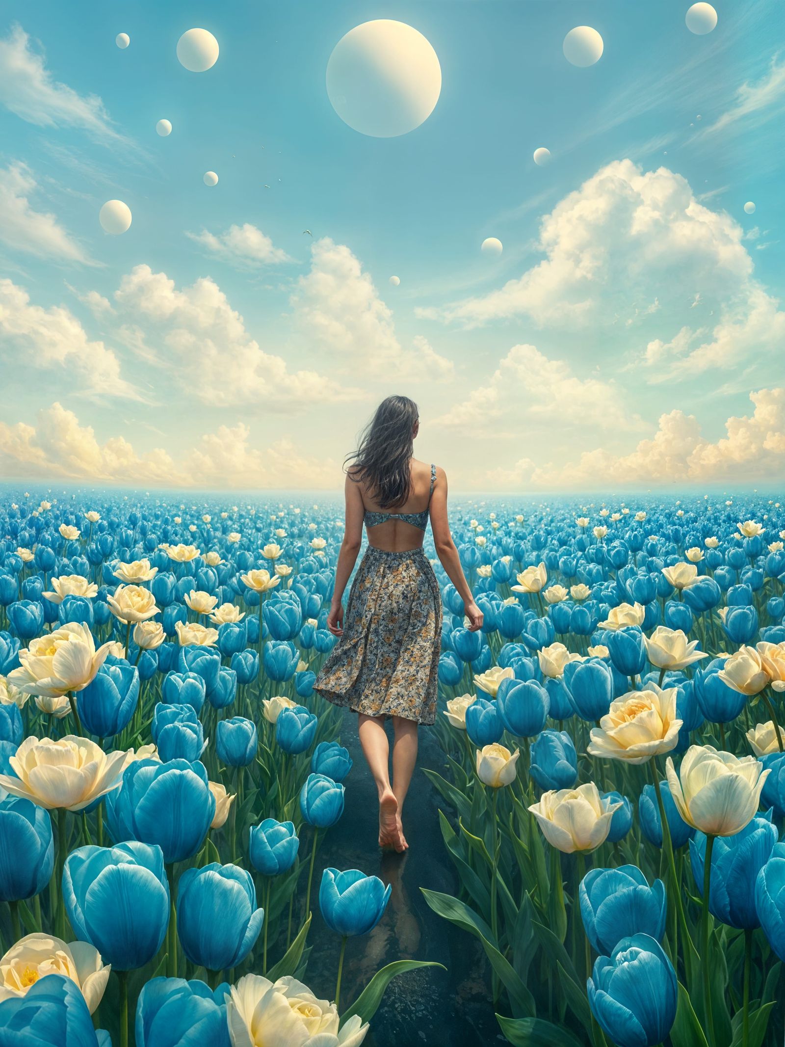 Surreal Blue Tulips and White Roses Sea