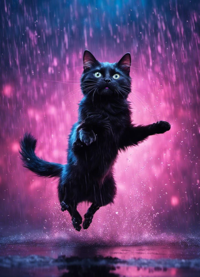 Cyberpunk Black Cat Dancing in the Rain