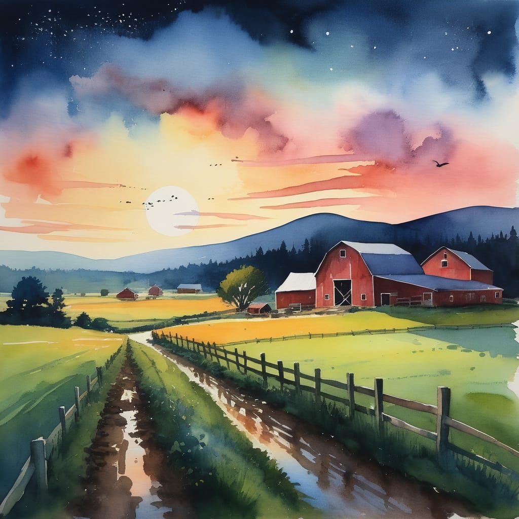 Gouache Painting of a Farm at Nightfall