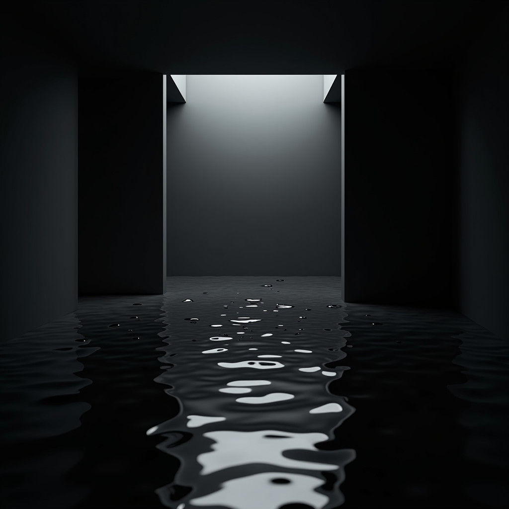 Infinite Black Room with Reflective Water