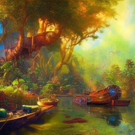 Steampunk Jungle Sunset in Oil Painting Style