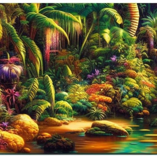 Steampunk Jungle with Rainbow Lagoon at Sunset