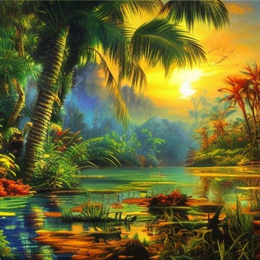 Steampunk Jungle Sunset with Rainbow Lagoon