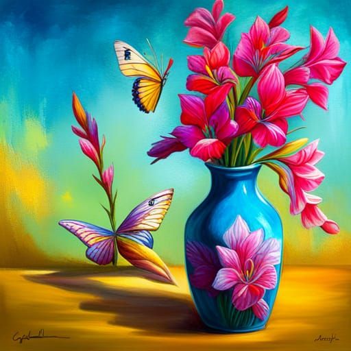 Graffiti Art Gladioli in Blue Vase with Butterfly
