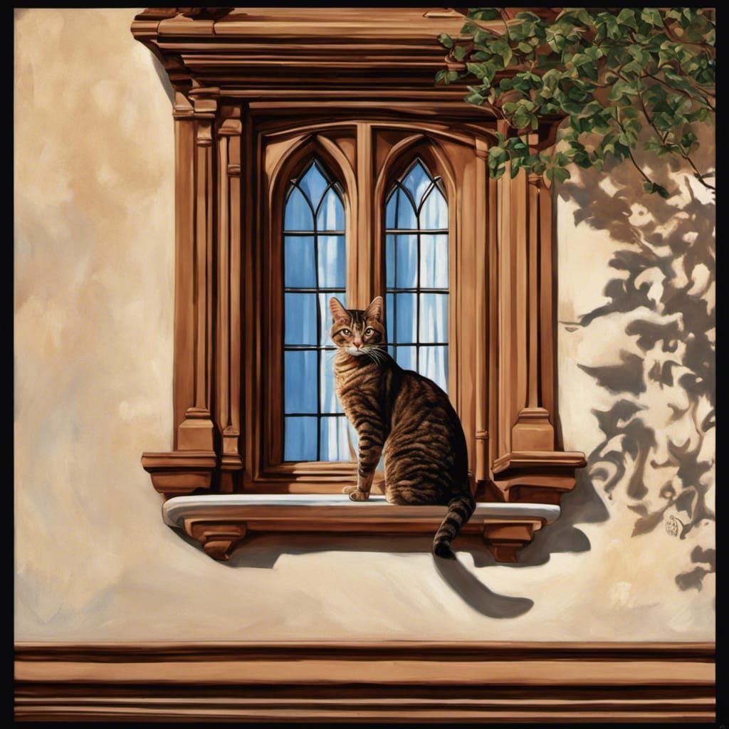 Woman and Tabby Cat by Gothic Window