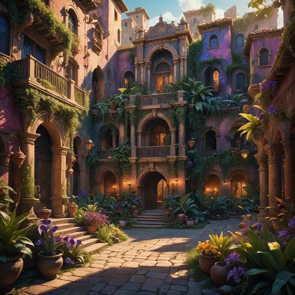 Enchanting Matte Painting of Magical Family in Courtyard