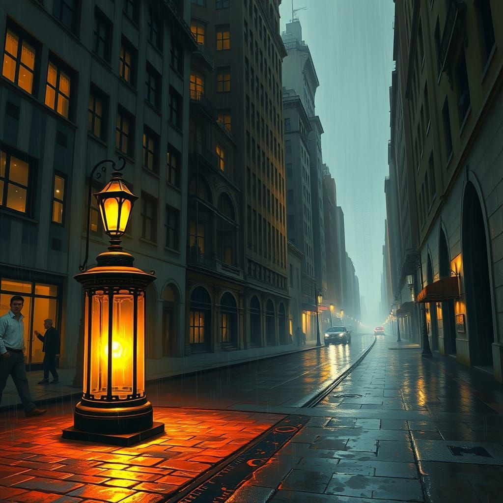 Art Deco Metropolis Lantern Glow on Wet Cobblestone Street