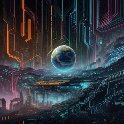 A surreal illustration depicting a landscape made of circuit...