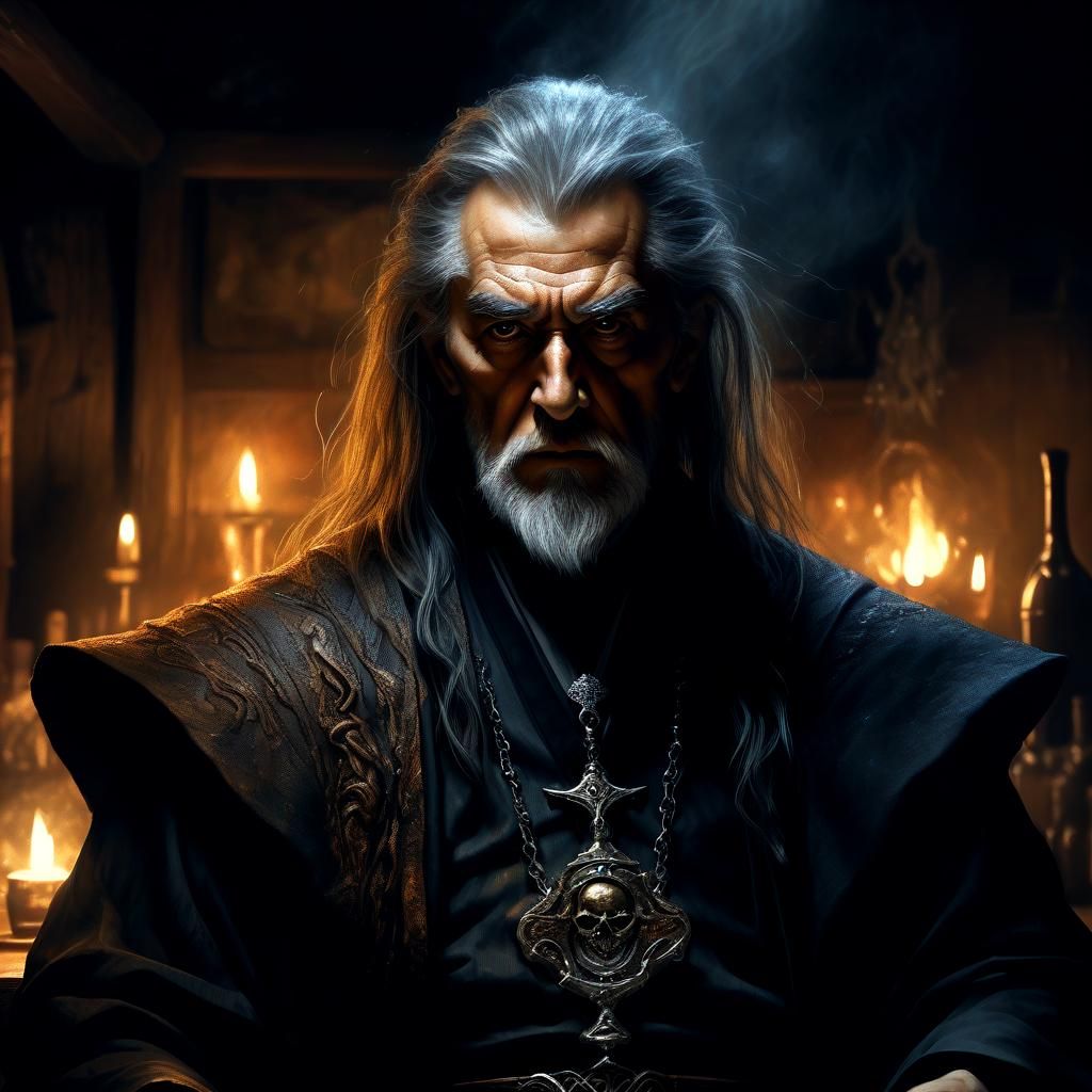 Menacing Tavern Wizard in Elaborate Oil Painting Style
