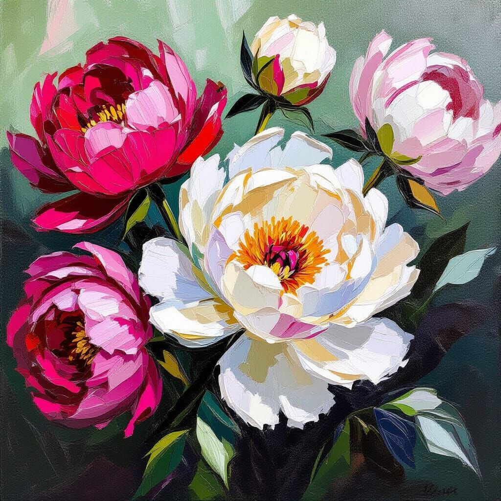 Lush Peonies with Impasto Texture, Oil Painting