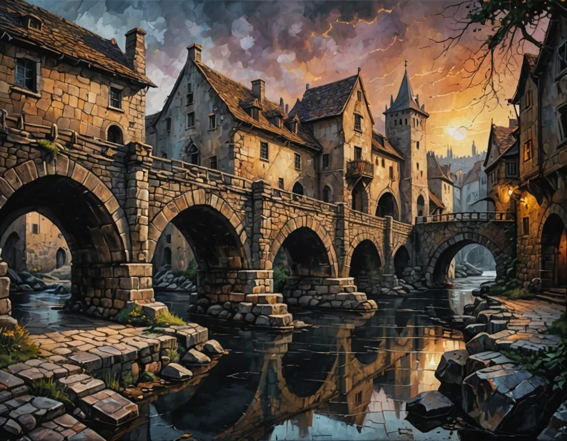 Medieval Town River Scene with Bridge Houses