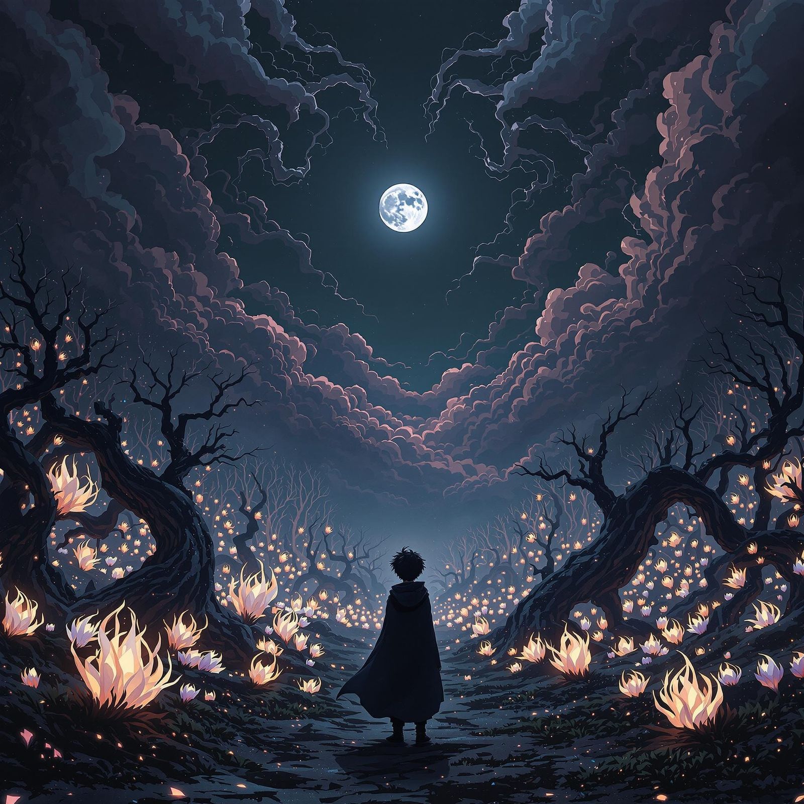 Dark Fantasy Boy in Black Cloak Stands Amidst Twisted Trees