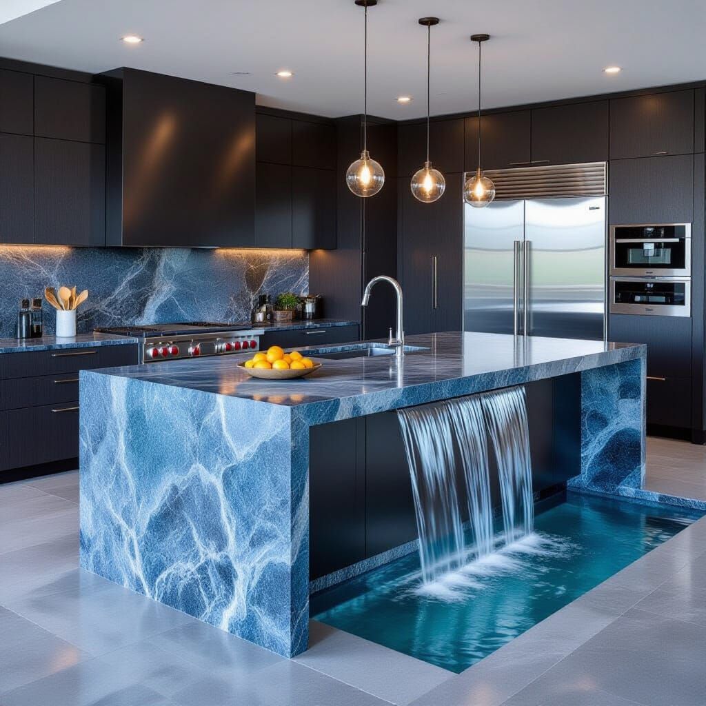 Modern Kitchen Island with Waterfall Countertop Feature