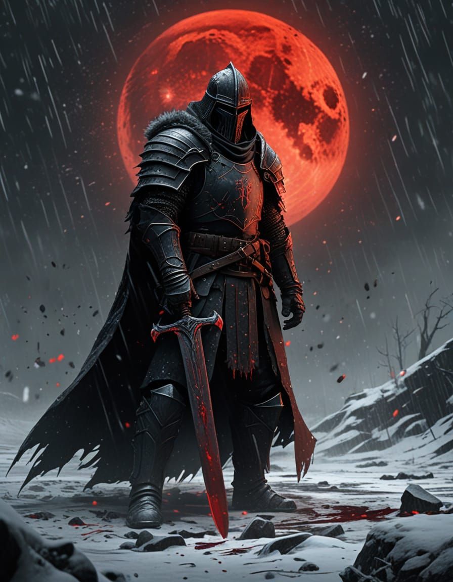 Dark Medieval Knight in Snowy Battlefield