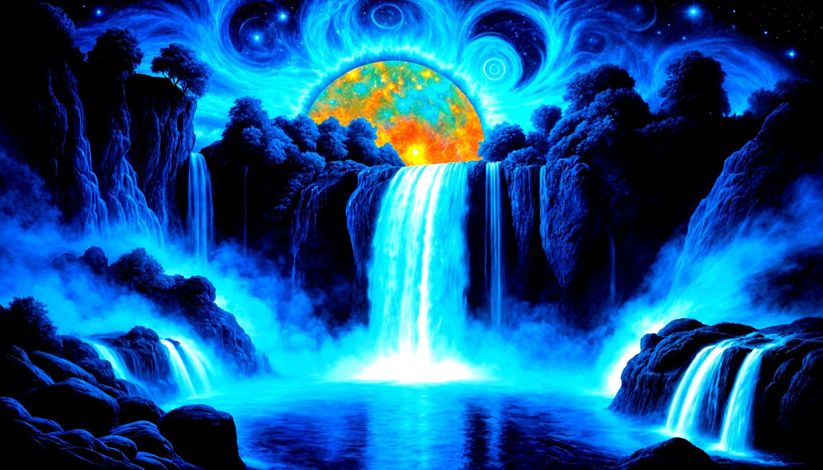 Cosmic Waterfall with Psychedelic Sky