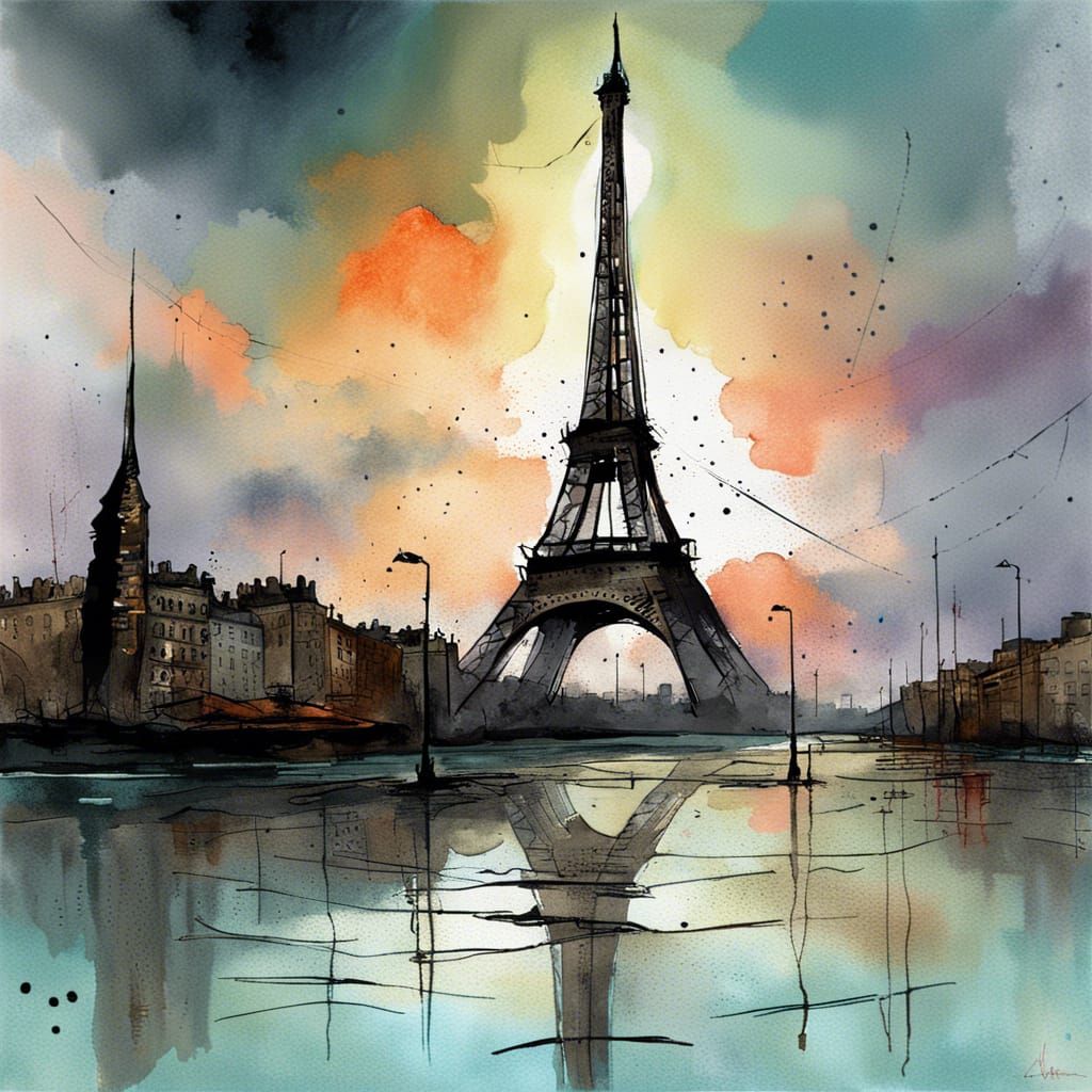 Eiffel Tower in Post-Apocalyptic Watercolor Landscape