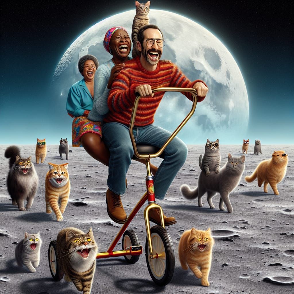 Comedic Man Rides Tricycle on Moon with Cats