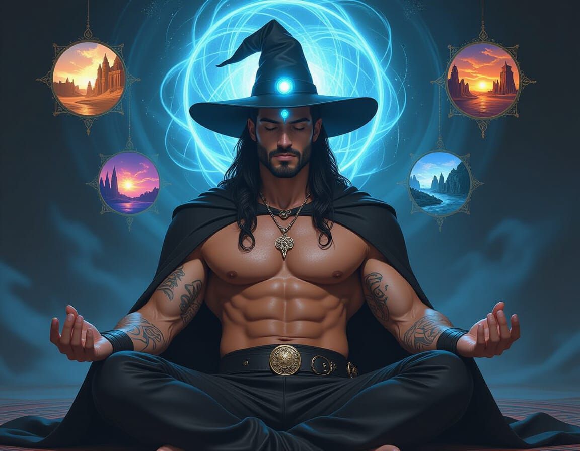 Muscular Male Witch Meditating with Time Portals