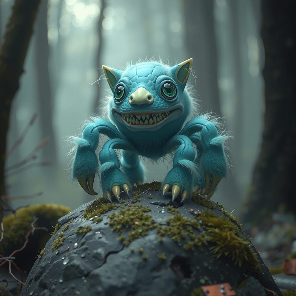 Turquoise Monster in Misty Forest, Biomechanical Style