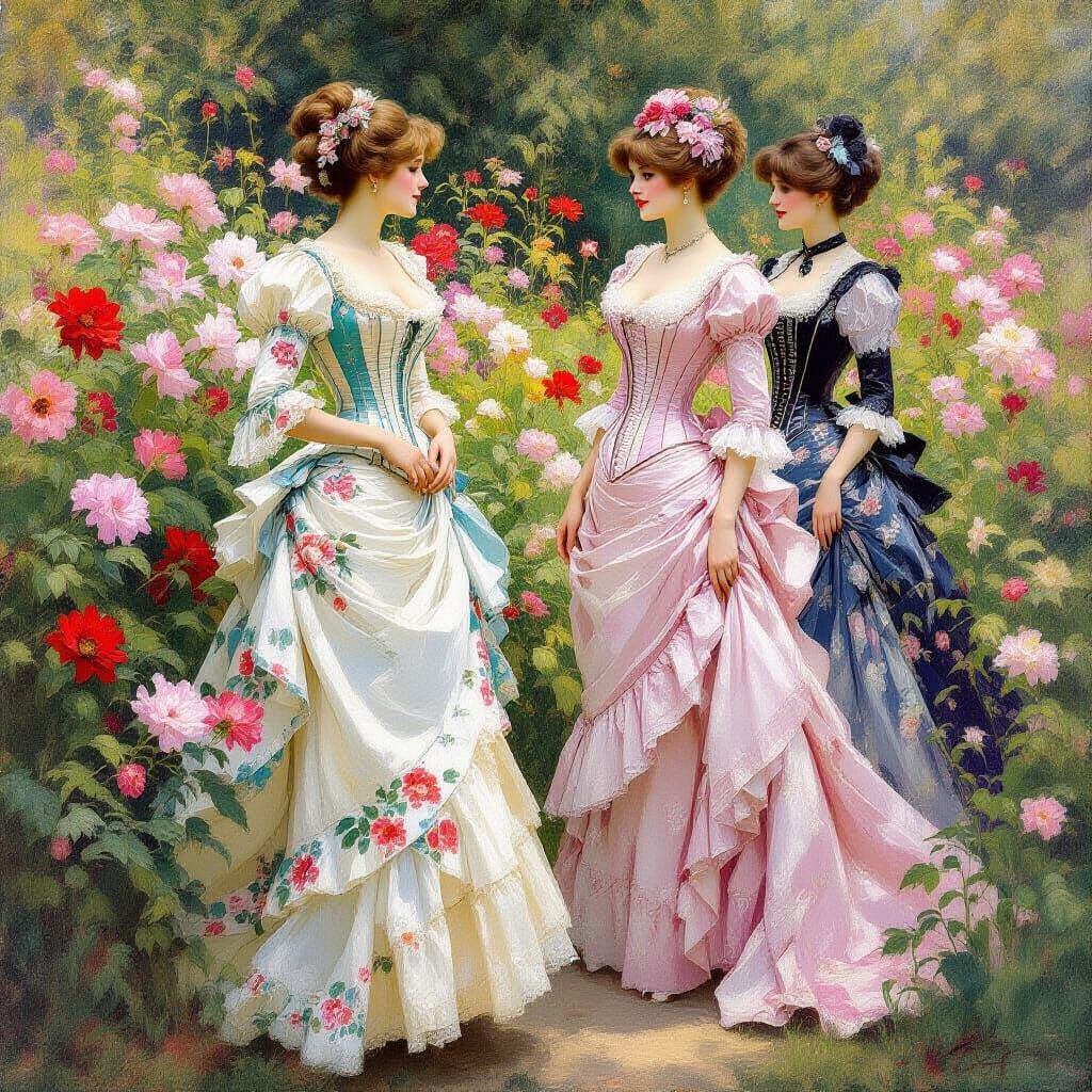 Victorian Women in a Lush Garden Painting