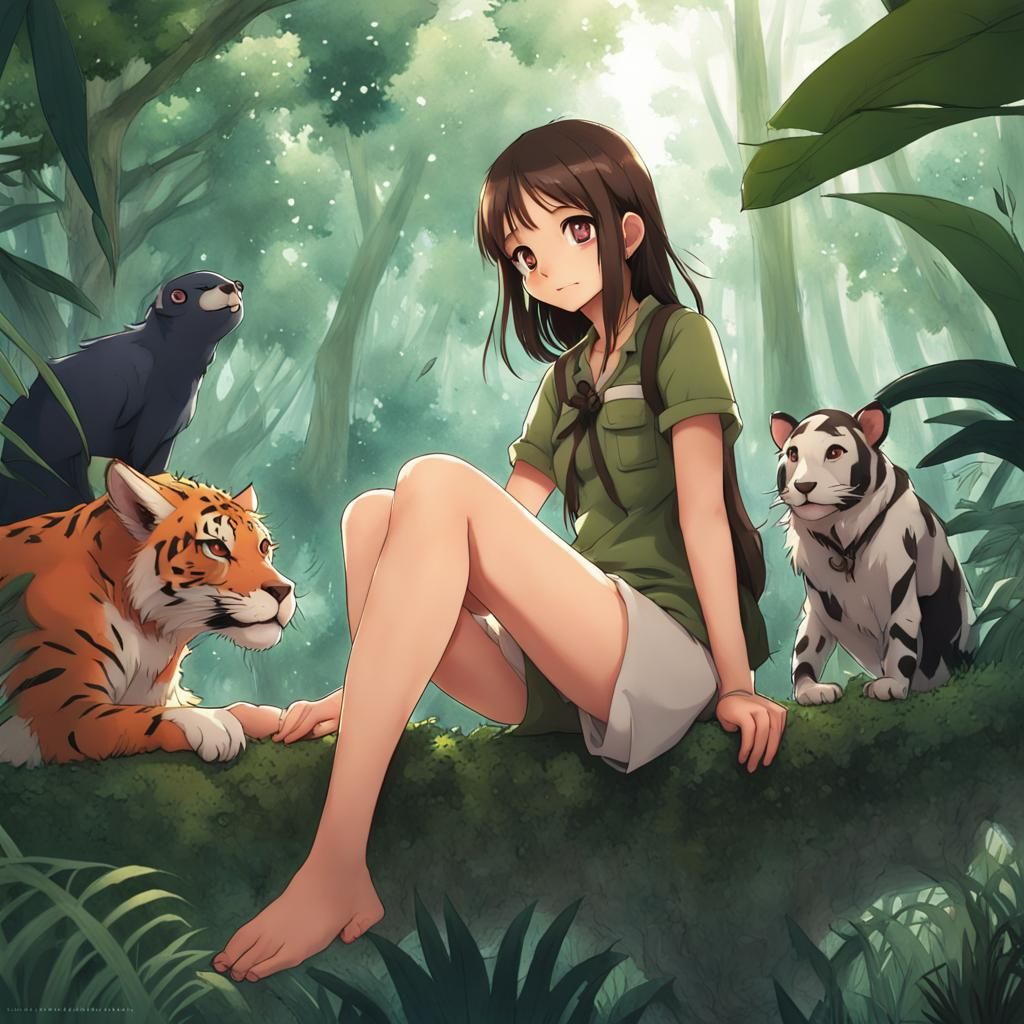 Anime Girl in Jungle with Animals