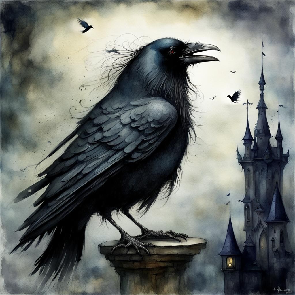 Gothic Raven in Dark Fantasy Watercolor