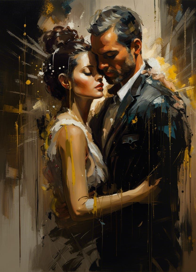 abstract expressionism portrait of a man and woman in a lovers embrace,heads are in the shot,with rough brush,drips,spla...