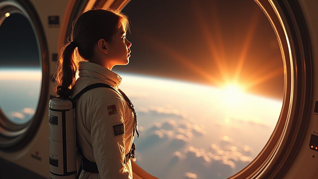 Girl in Spacesuit Gazing at Planet: Photorealistic Sci-Fi