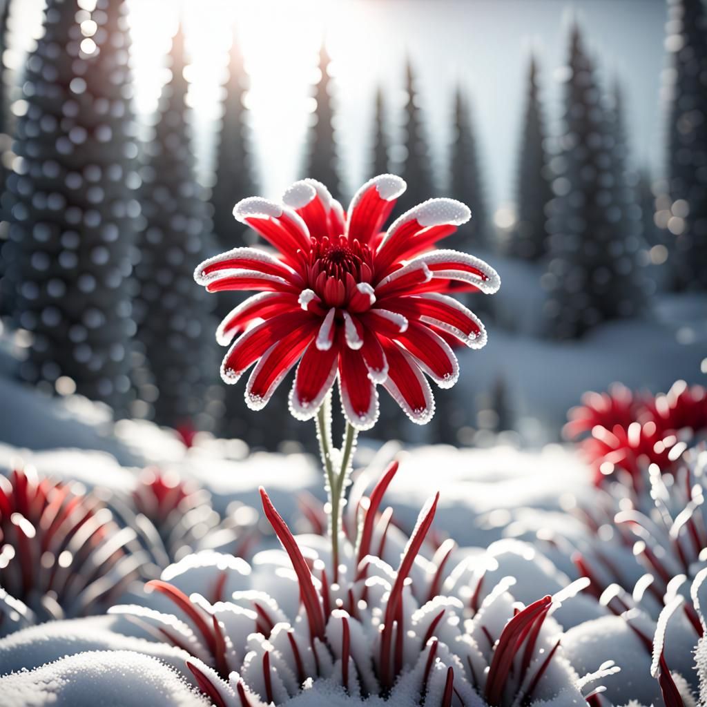 Monochrome Red Flower in Snowy Landscape, 3D Render