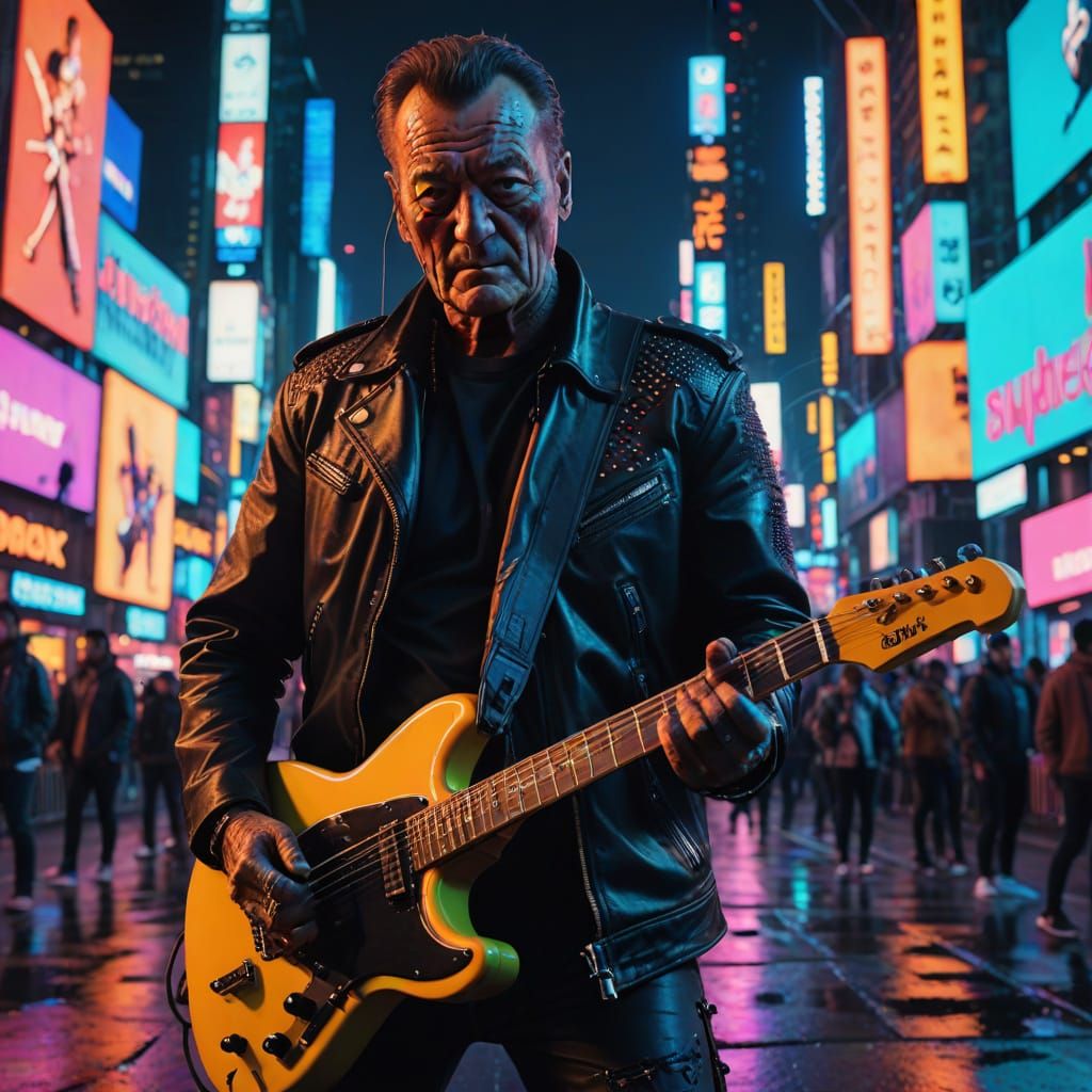 Cyberpunk John Wayne Unleashes Electric Guitar in Times Squa...