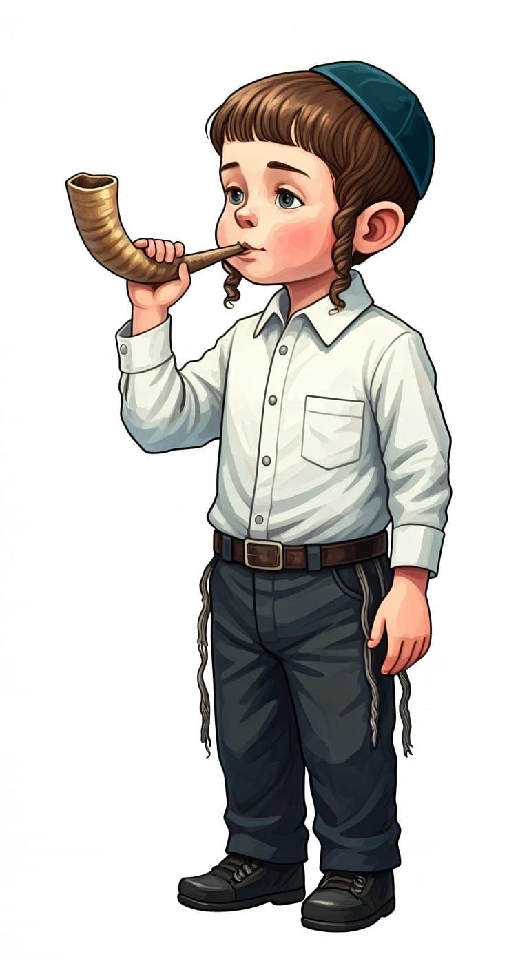 Boy Blowing Shofar in Watercolor Illustration Style