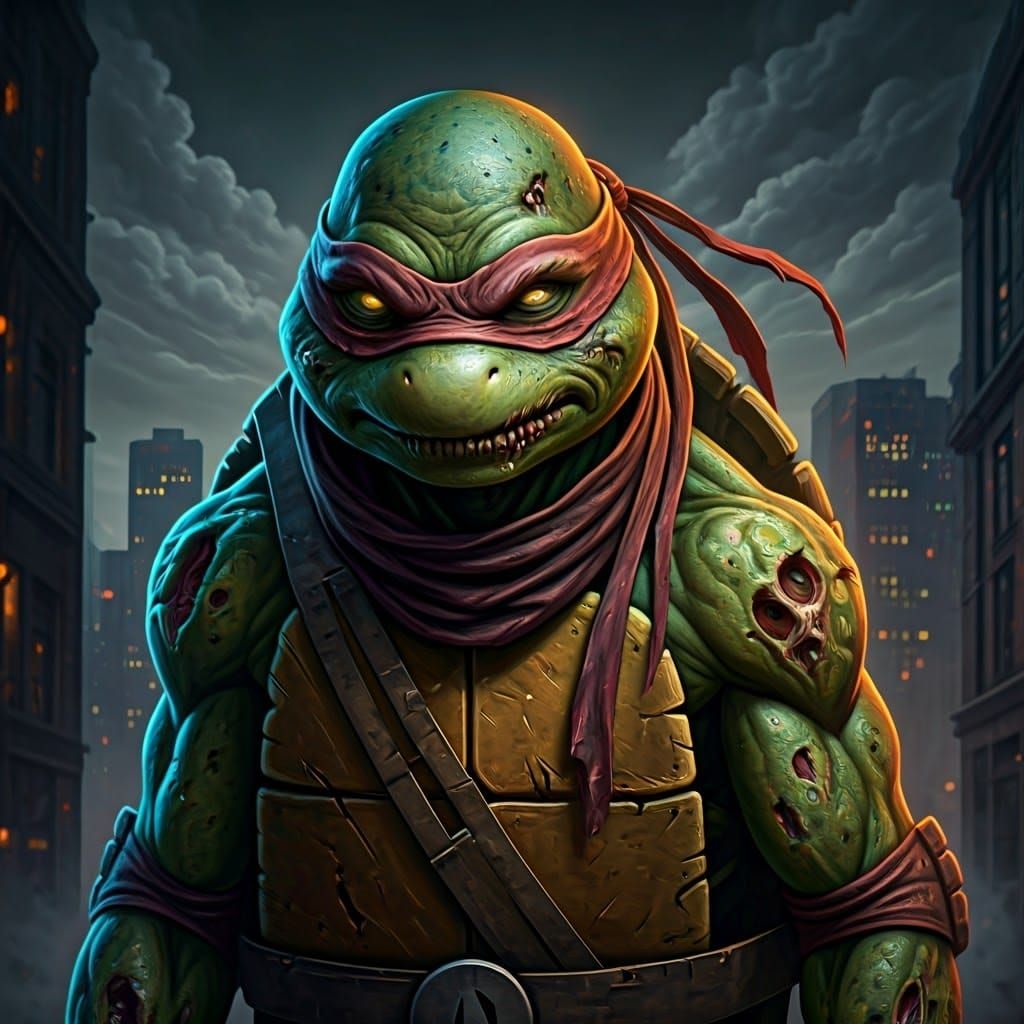 Zombie Ninja Turtle in Mist-Shrouded Cityscape