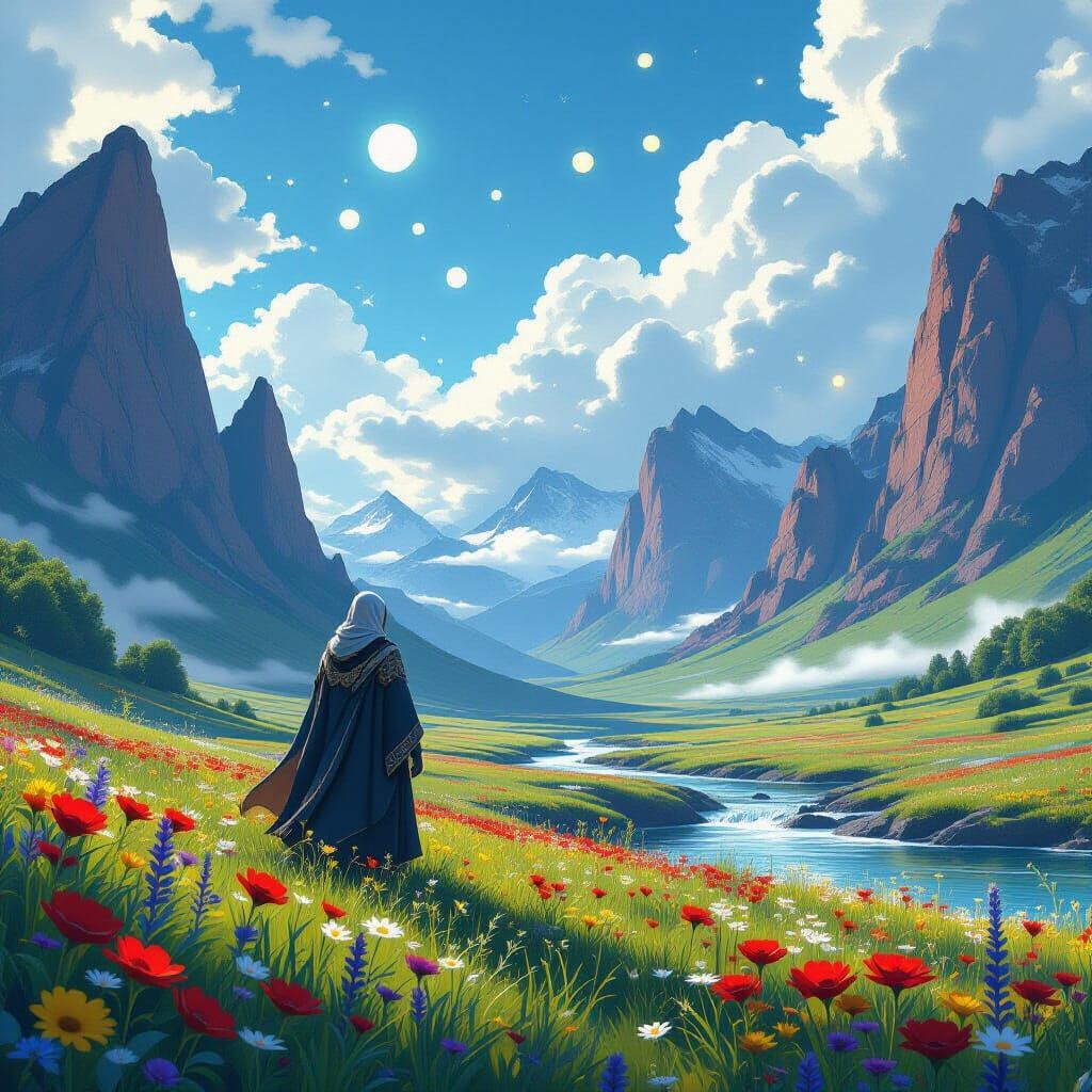 Lone Figure Amidst Vibrant Fantasy Landscape