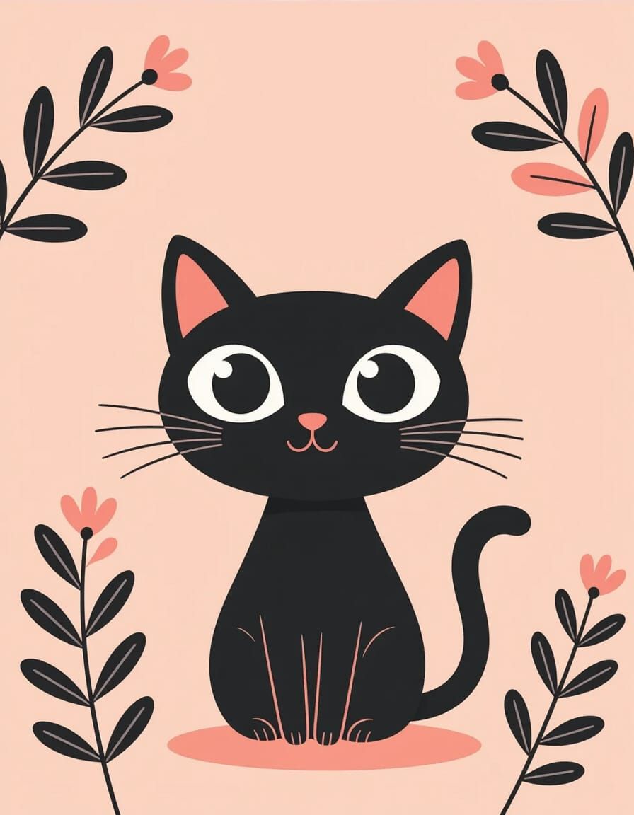 Minimalist Black Cat on Pink Background, Vector Art