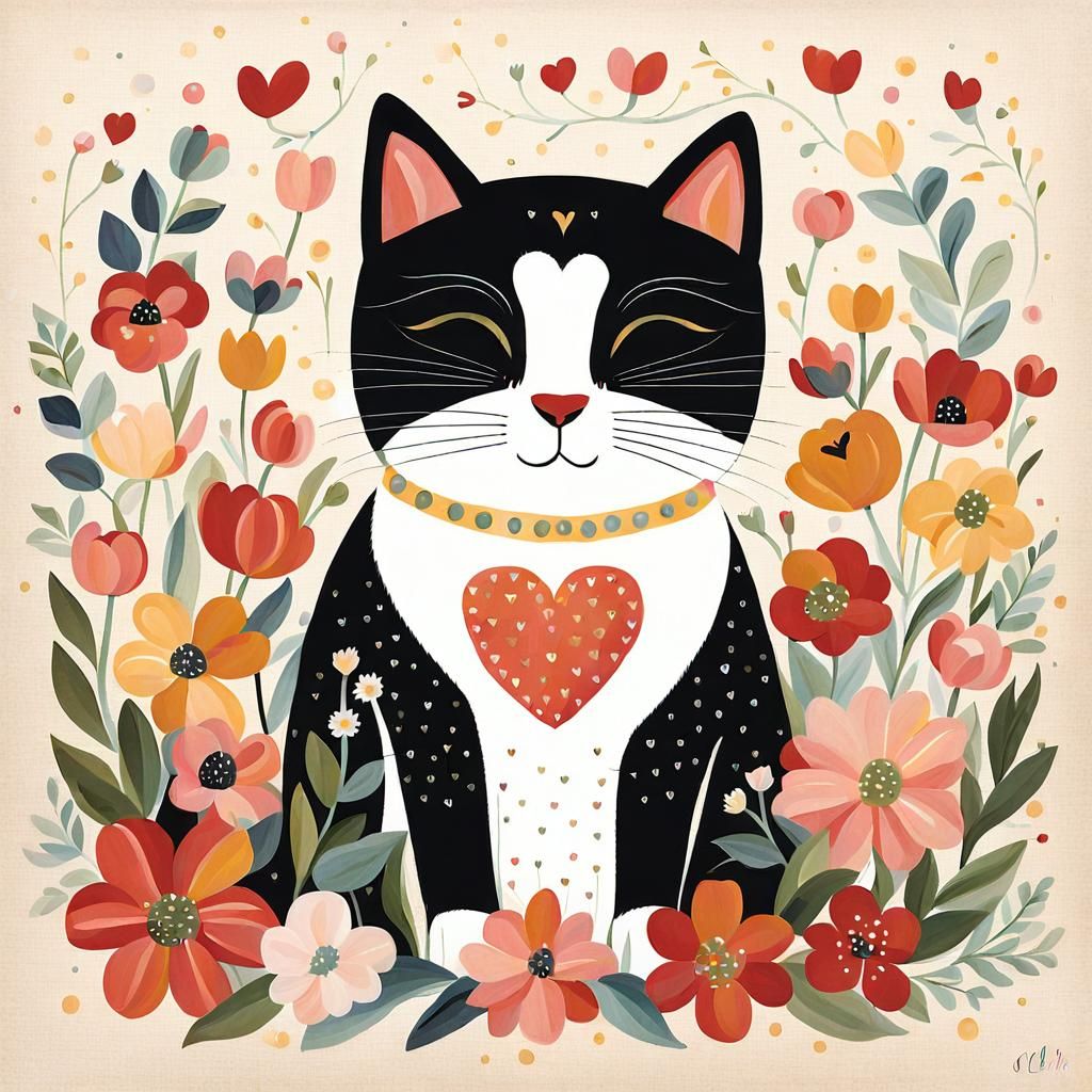 Cute Cat with Flowers in Folk Art Style
