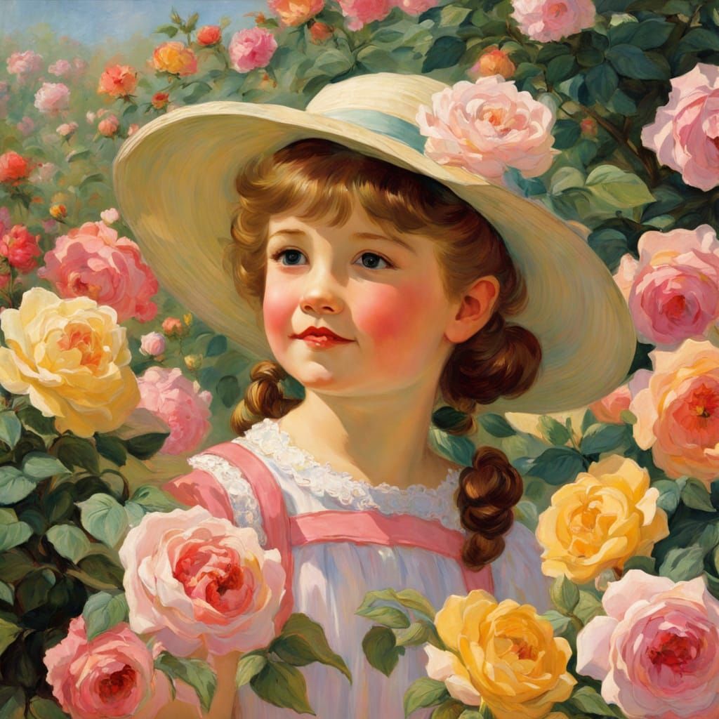 Girl in Rose Garden, Impressionist Painting