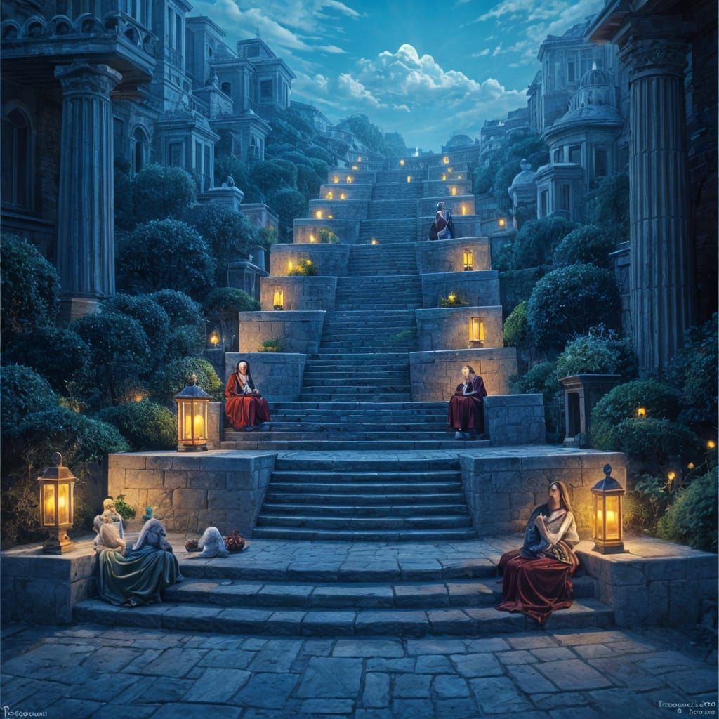 Circular Staircase to Cobalt Sky With Lanterns and Priestess...