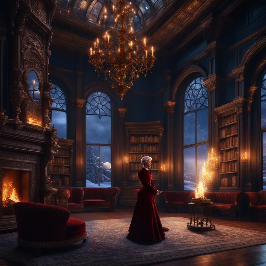 Victorian Library: Woman by Fireplace on Snowy Night