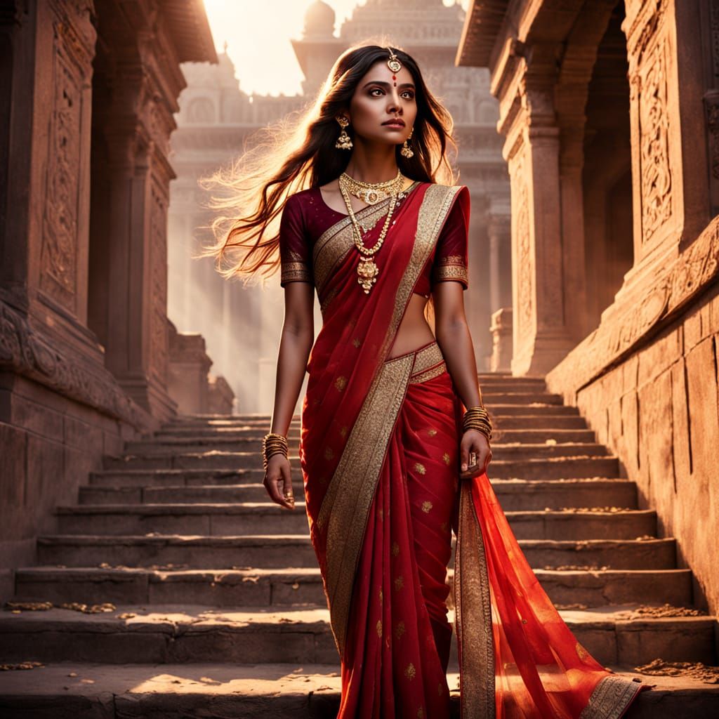 Mystical Indian Princess on Palace Stairs