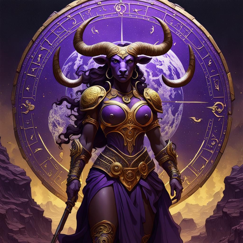 Taurus Woman Minotaur with Earth, Dark Fantasy Art