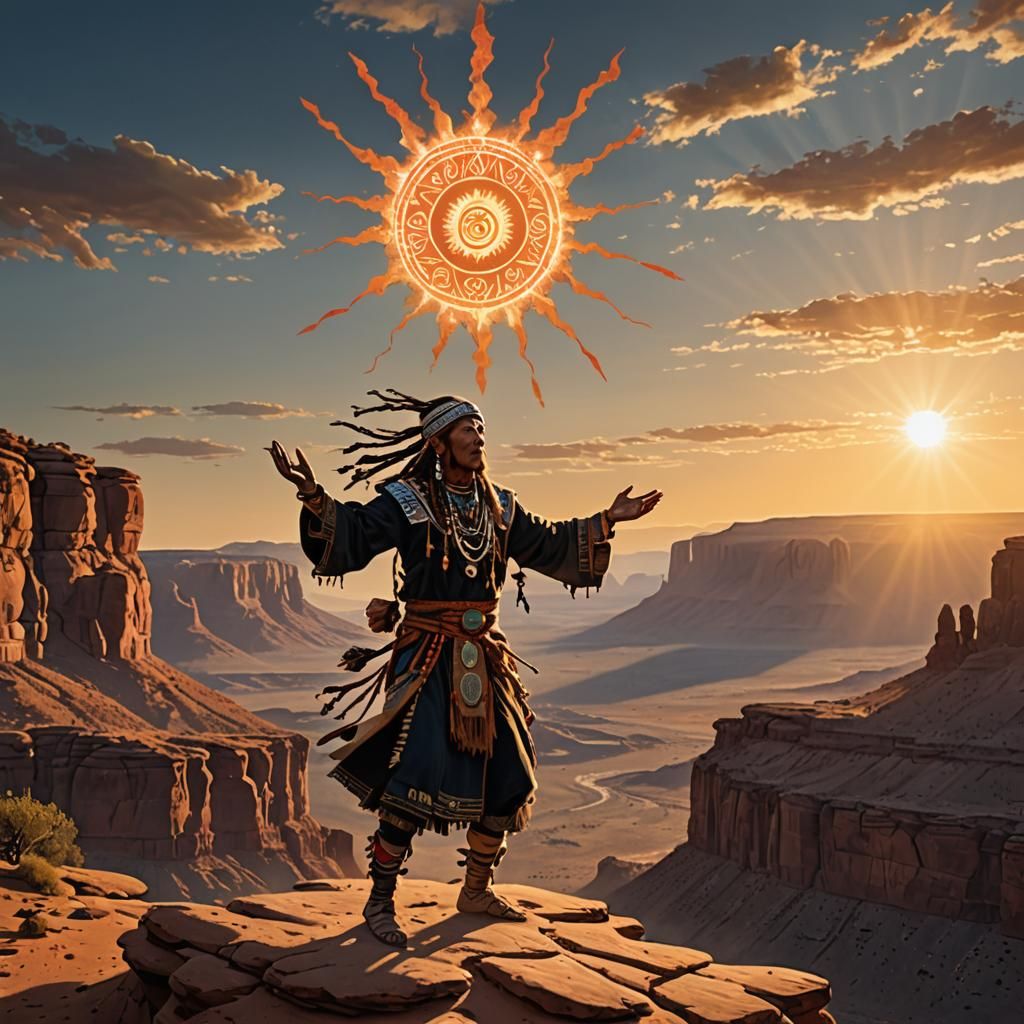 Shaman Levitation Above Mesa at Sunset