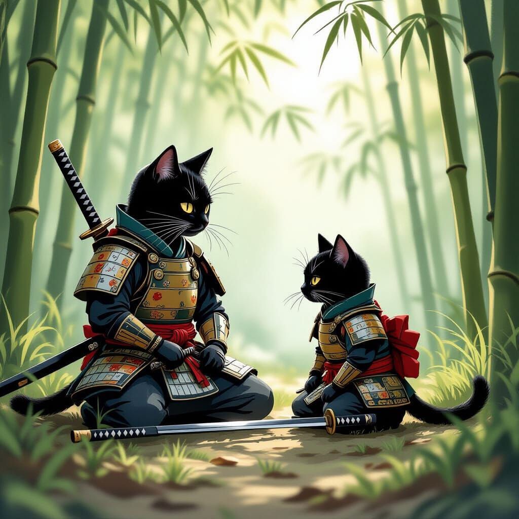 Black Cat Ninja in Bamboo Forest, Japanese Art Style